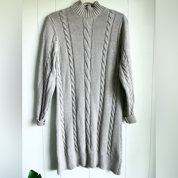 Abercrombie and Fitch Women’s Cable Knit Beige Mock Neck Sweater Dress Sz Lg - Picture 1 of 7